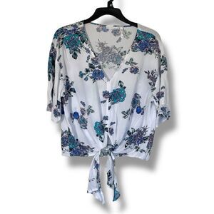 Luq Women’s White Floral Tie Front Top XS Lightweight Cottagecore